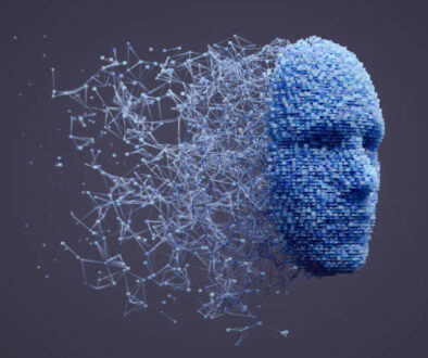 3D human head made with interconnected cube shaped particles.